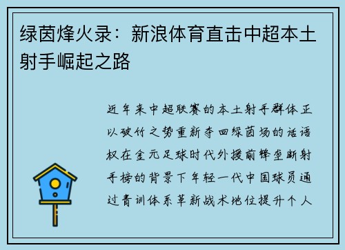 绿茵烽火录：新浪体育直击中超本土射手崛起之路