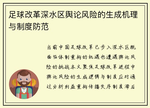 足球改革深水区舆论风险的生成机理与制度防范
